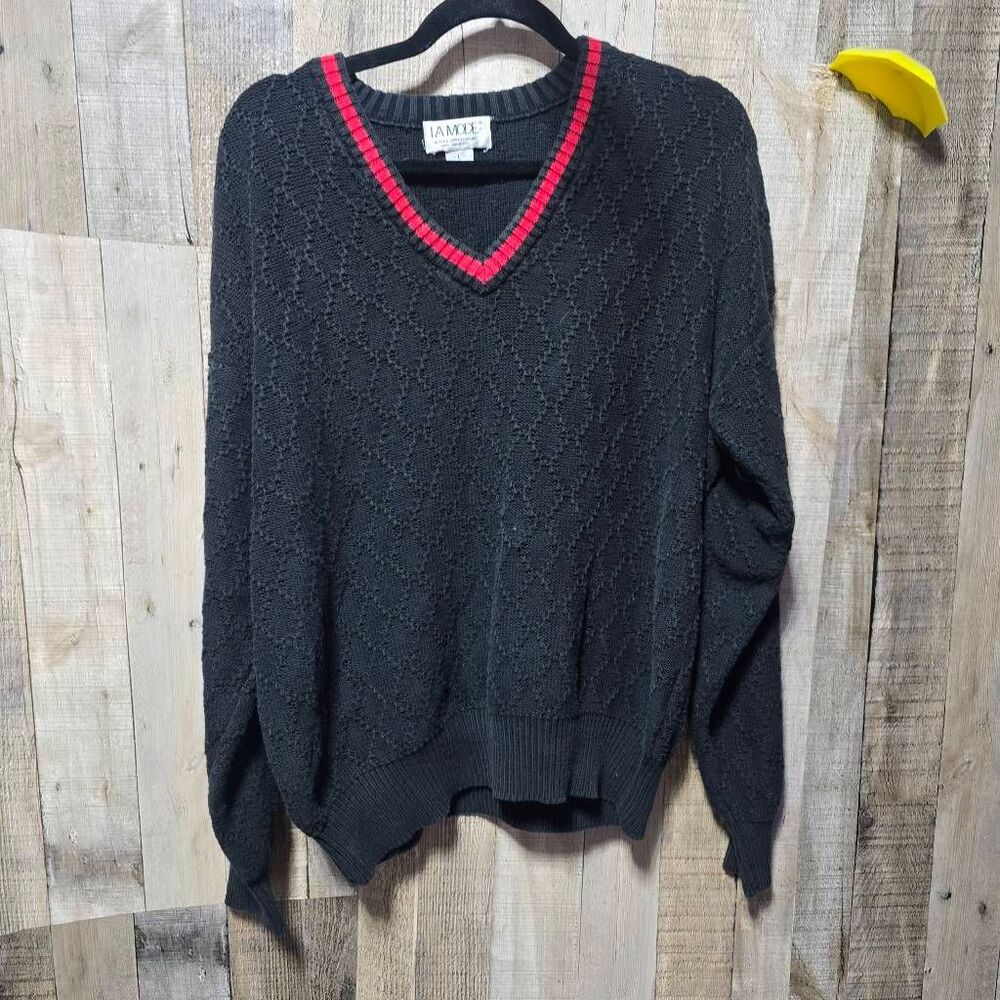 LA Mode Vintage Black Red Textured Cable Knit Sweater Men's Large Basic Winter